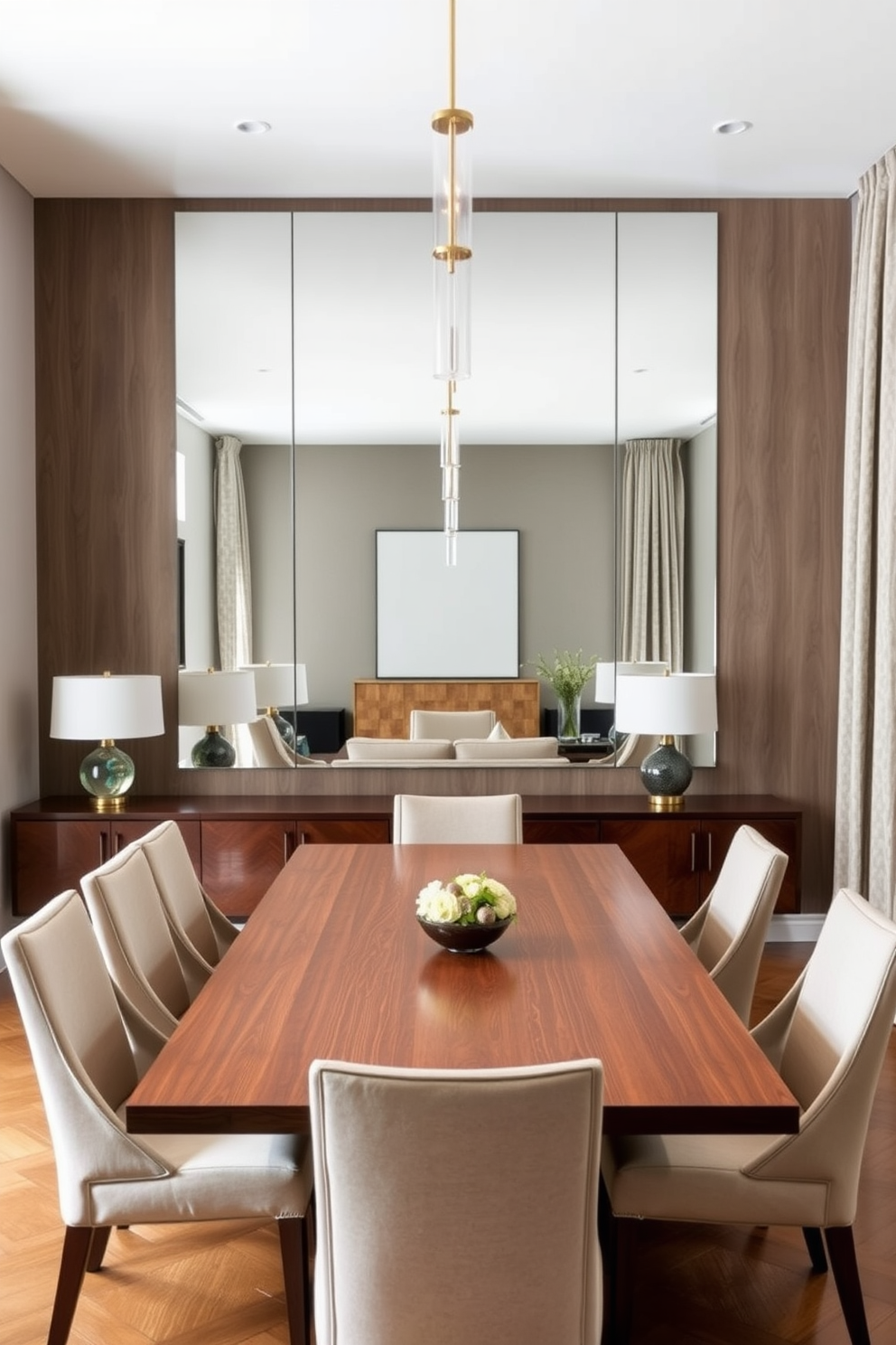 A spacious dining room featuring a large mirror on the main wall to enhance light and create an illusion of space. The room is adorned with a sleek wooden dining table surrounded by upholstered chairs in a soft neutral tone.