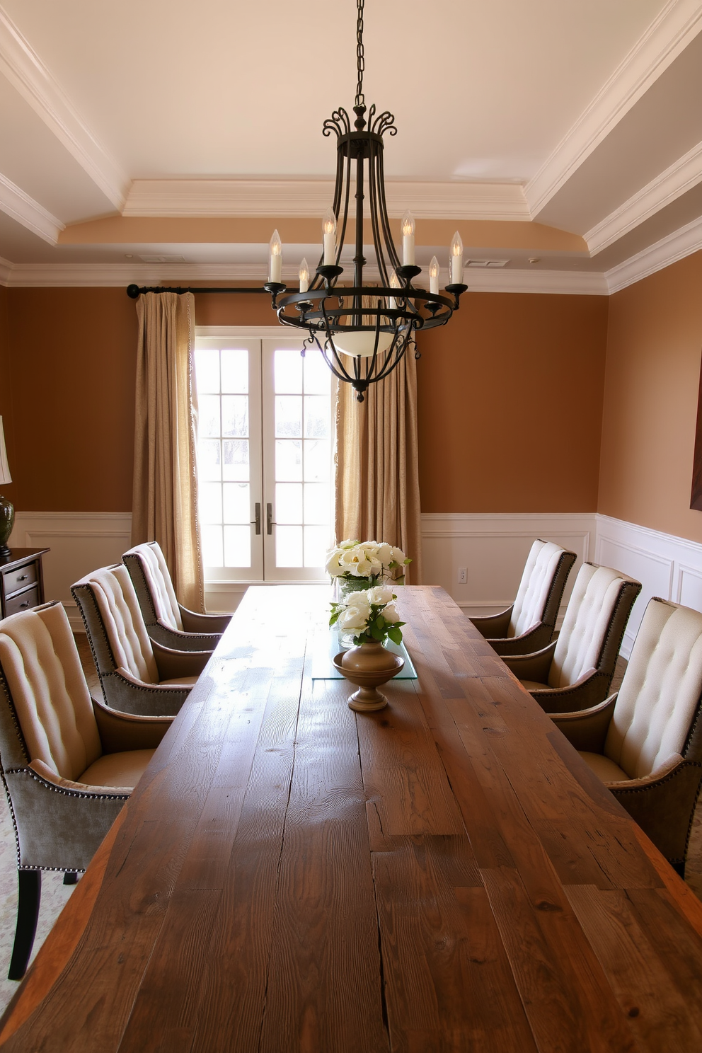 A rustic wooden table with a weathered finish is the centerpiece of the dining room, surrounded by elegant upholstered chairs in a soft fabric. The walls are adorned with warm, earthy tones, and a large chandelier hangs above, casting a warm glow over the space.