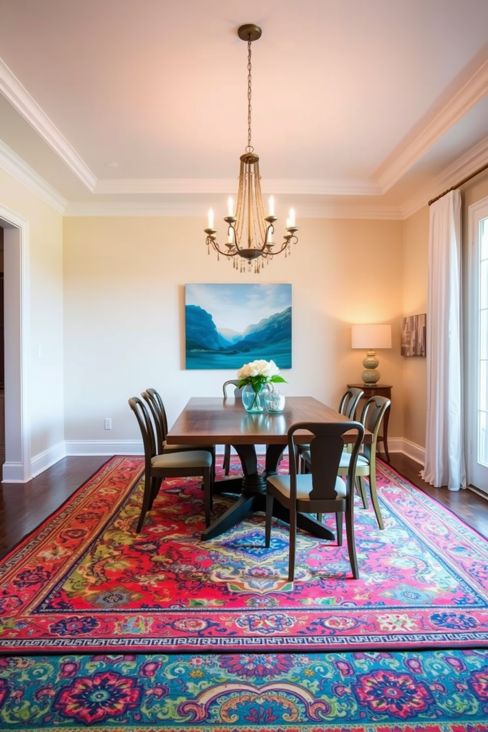 A vibrant area rug with intricate patterns anchors the dining room, adding warmth and character to the space. Surrounding the rug, a sleek wooden dining table is set with elegant chairs, creating an inviting atmosphere for gatherings. The walls are painted in a soft neutral tone, allowing the rug's colors to pop. A statement chandelier hangs above the table, casting a warm glow over the dining area and enhancing the overall design.