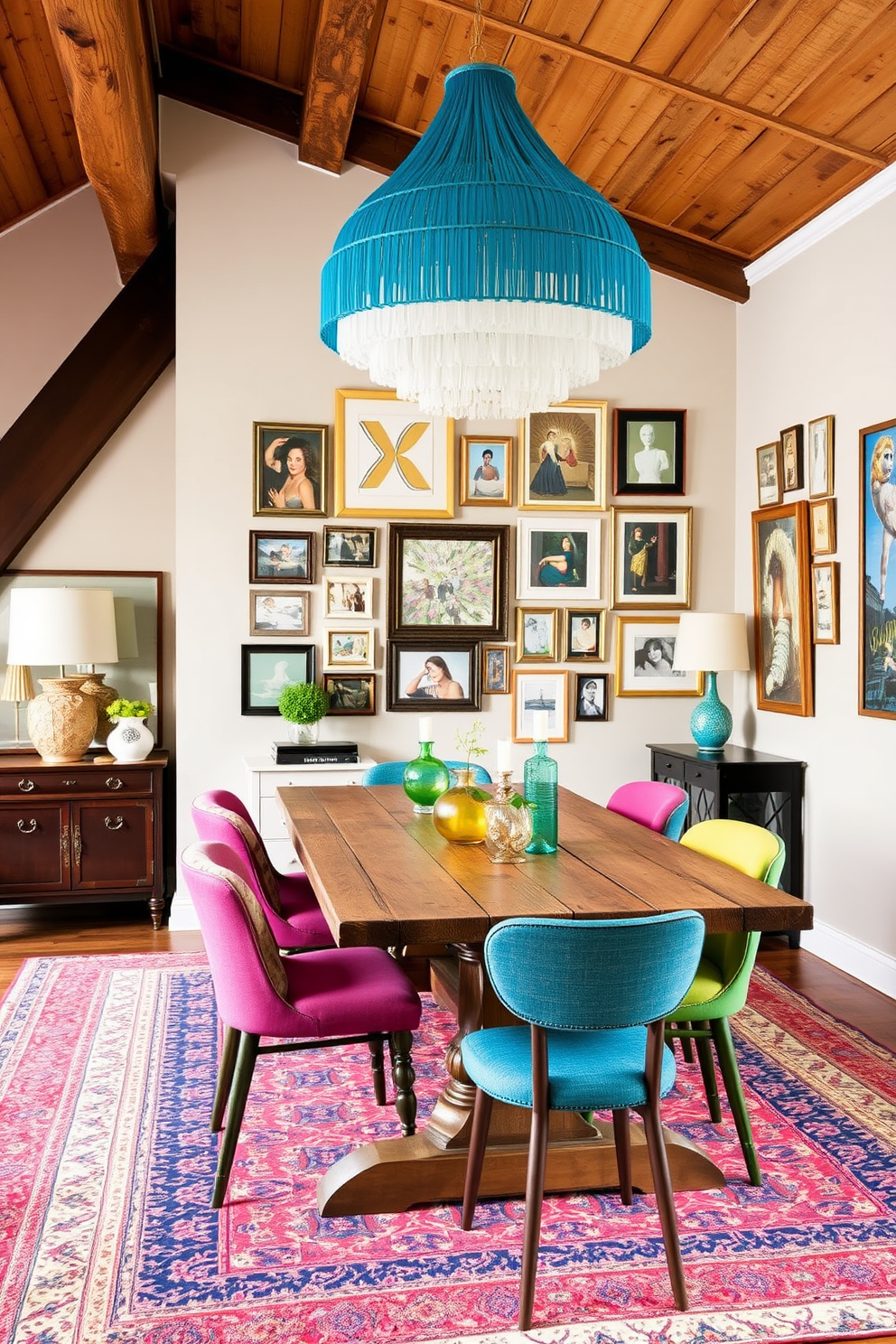 Create an eclectic dining room that blends various styles and colors for a unique and personalized atmosphere. Incorporate a mix of vintage and modern furniture pieces, such as a rustic wooden dining table paired with colorful upholstered chairs. Add bold artwork and decorative accents that reflect your personality, like a gallery wall featuring an array of frames and art styles. Use an eye-catching light fixture as a focal point, enhancing the room's character and charm.