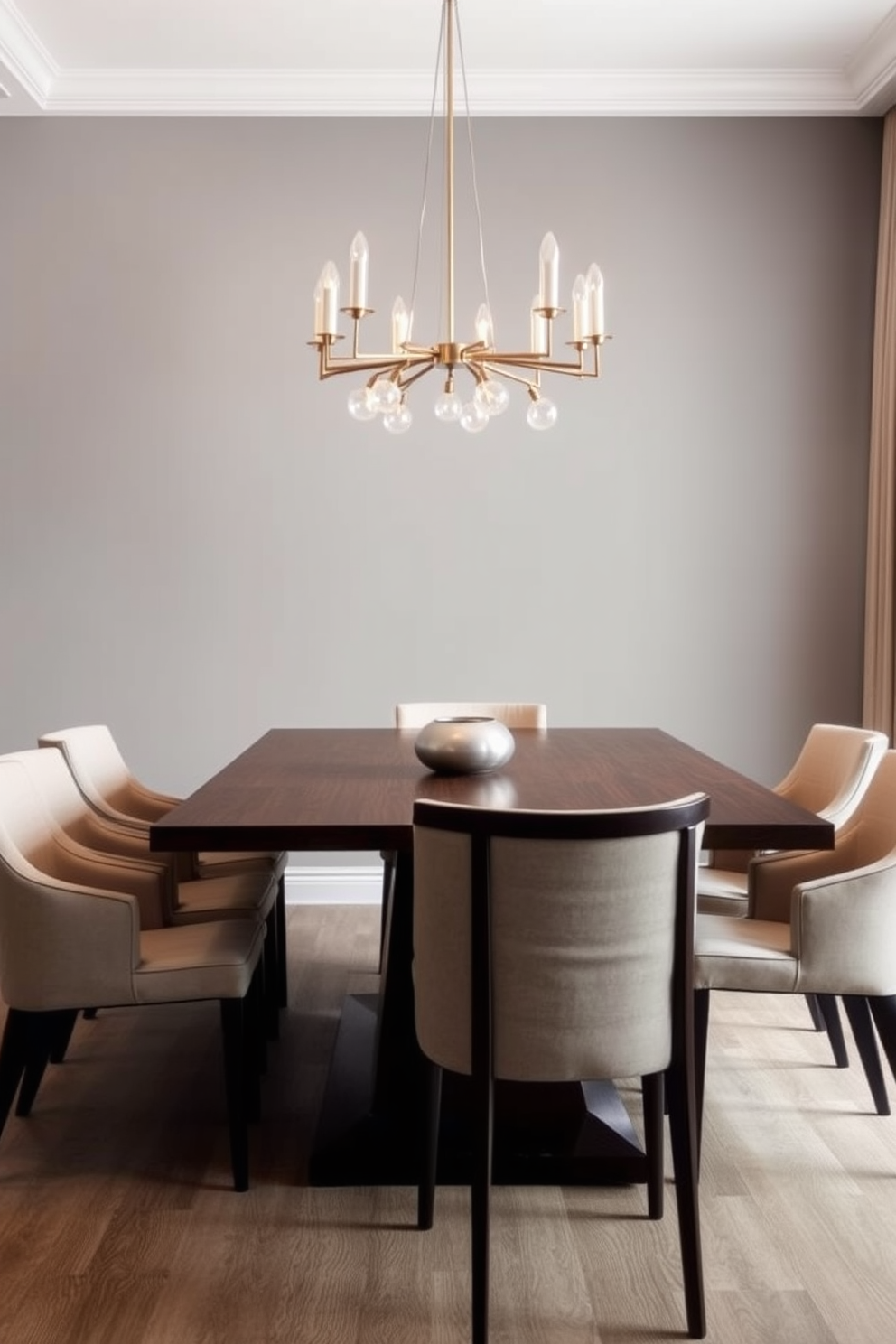 A sleek dining table made of dark wood sits at the center of the room surrounded by modern upholstered chairs in a neutral tone. The walls are painted in a soft gray shade, and a contemporary chandelier hangs above, casting a warm glow over the space.