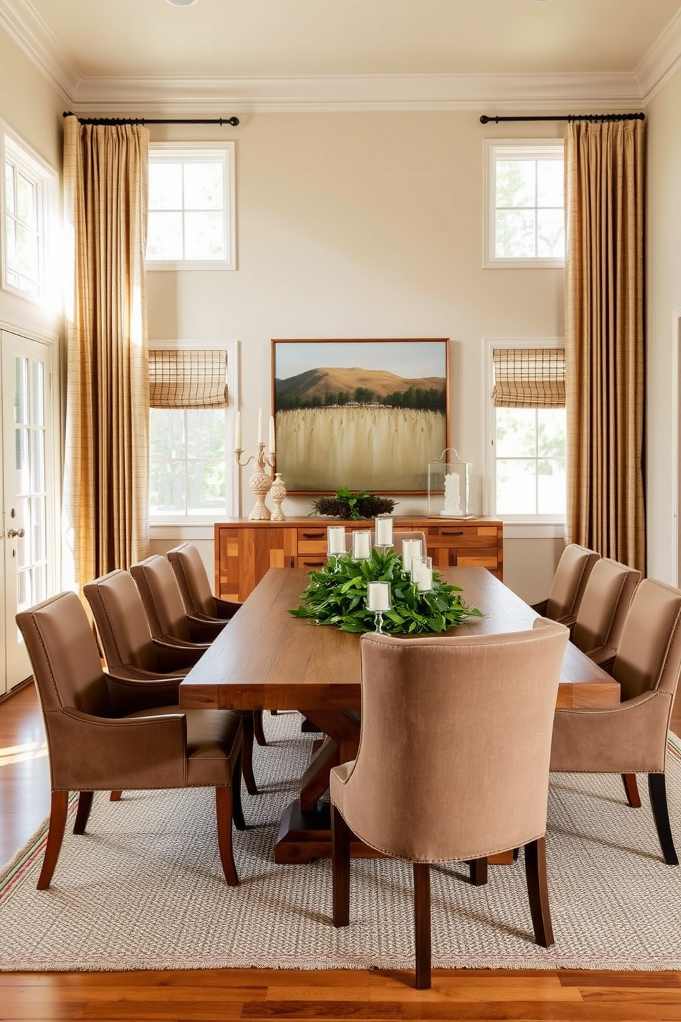 A warm and inviting dining room featuring a large wooden dining table surrounded by upholstered chairs in earthy tones. Natural light floods the space through large windows, highlighting the textured linen curtains that frame the view. The walls are adorned with soft beige paint, while a statement piece of art hangs above a sideboard made of reclaimed wood. A centerpiece of fresh greenery and candles adds a touch of elegance to the table, creating a cozy atmosphere for gatherings.