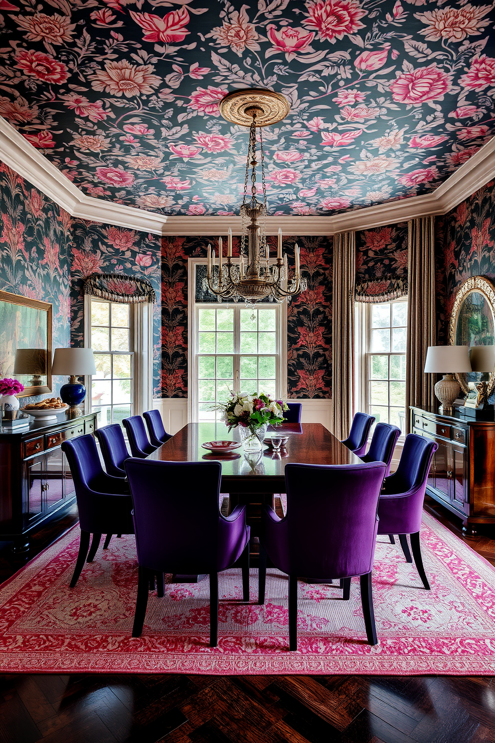 A stunning dining room featuring bold wallpaper with an intricate floral pattern that creates a dramatic backdrop. The room is anchored by a large wooden dining table surrounded by upholstered chairs in a rich jewel tone, complemented by an elegant chandelier overhead. To one side, a stylish sideboard displays curated decor items and fine china. Large windows allow natural light to flood the space, highlighting the vibrant colors and textures throughout the room.