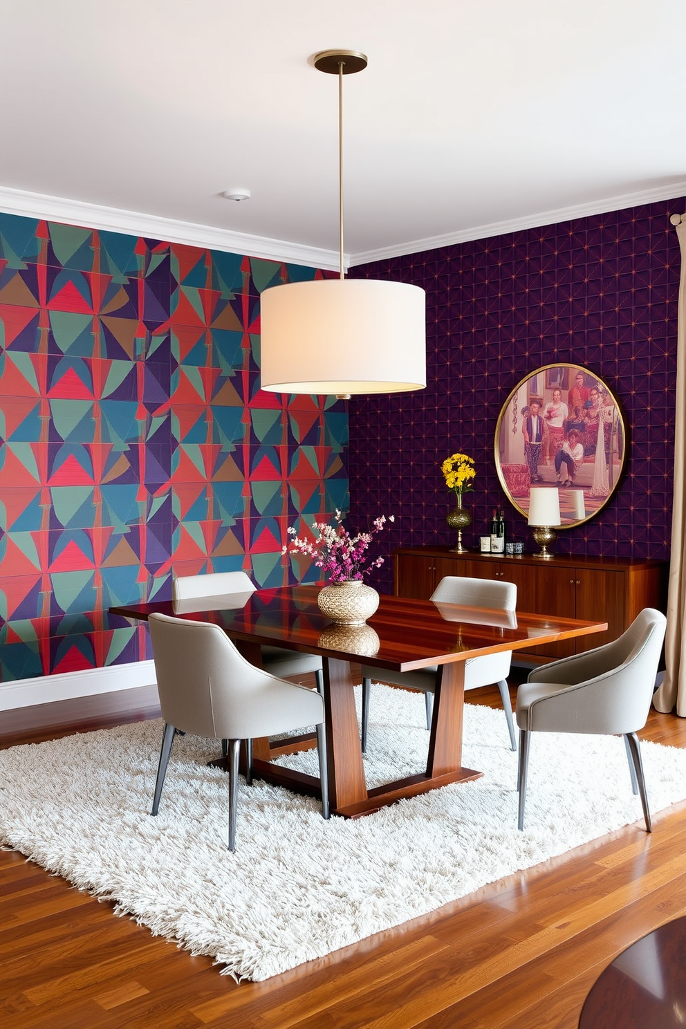 A striking dining room featuring an accent wall adorned with bold, geometric wallpaper in vibrant colors. The dining table is a sleek, modern design with a polished wood finish, surrounded by upholstered chairs that complement the wall's pattern. A large, contemporary chandelier hangs above the table, casting a warm glow over the space. The flooring is a rich hardwood, and a plush area rug anchors the dining area, adding texture and comfort.