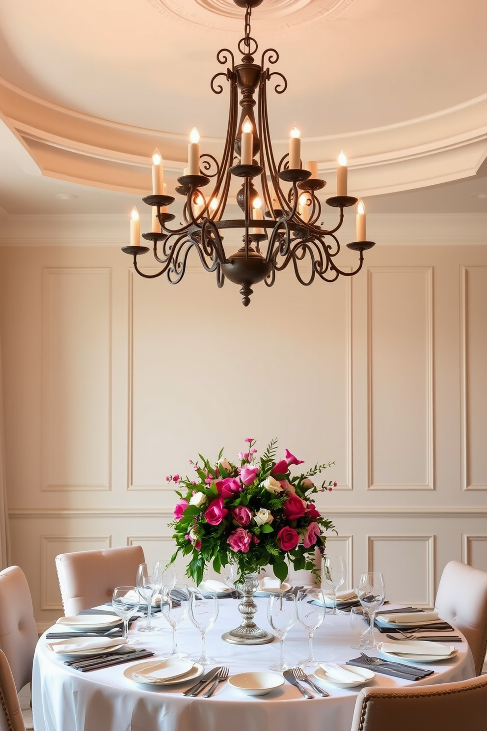 An elegant chandelier hangs gracefully from the ceiling, casting a warm glow over the dining table below. The table is set with fine china, crystal glassware, and a lush floral centerpiece that adds a pop of color to the room. The walls are adorned with soft, neutral tones, creating a serene backdrop for the sophisticated decor. Plush upholstered chairs surround the table, inviting guests to sit and enjoy a lavish dining experience.