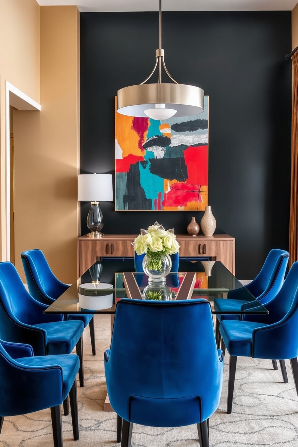 A modern dining room featuring a sleek glass table surrounded by vibrant blue velvet chairs. The walls are painted in a warm beige tone, while a striking black accent wall adds depth and drama. A large, abstract painting in bold colors hangs above a sideboard, creating a focal point in the space. Soft, ambient lighting from elegant pendant fixtures enhances the inviting atmosphere.