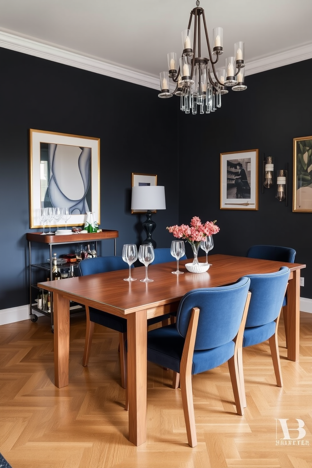 A stylish dining room featuring a sleek wooden table surrounded by upholstered chairs in a rich navy hue. In one corner, a modern bar cart is elegantly displayed, stocked with glassware and a selection of spirits for easy access and entertaining. The walls are adorned with tasteful artwork, adding a splash of color and personality to the space. Soft lighting from a statement chandelier casts a warm glow, creating an inviting atmosphere for family gatherings and dinner parties.