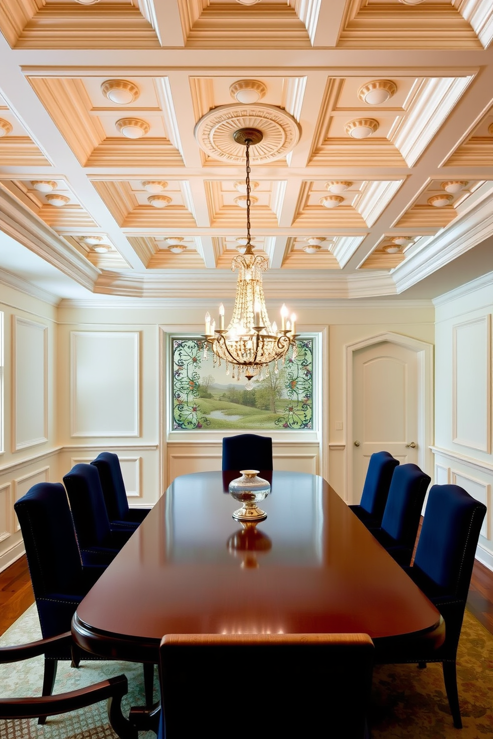 A dining room featuring an elegant coffered ceiling with intricate molding details. The walls are painted in a soft cream color, complemented by wainscoting that adds texture and depth. A large, polished wooden dining table is centered in the room, surrounded by upholstered chairs in a rich navy fabric. A stunning chandelier hangs above the table, casting a warm glow over the space.