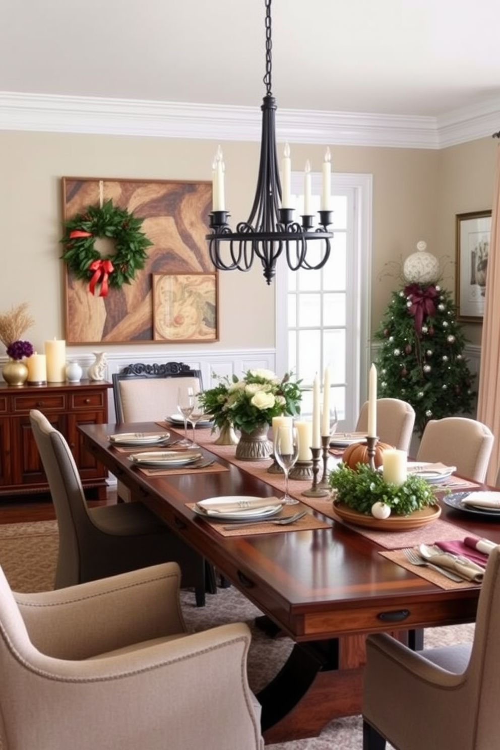 Create a dining room that reflects seasonal decor changes for a fresh look. Incorporate elements like vibrant table settings, seasonal centerpieces, and wall art that can easily be updated to match each season. Design a cozy yet elegant dining space with a large wooden table surrounded by upholstered chairs. Use a warm color palette and add decorative accents such as candles, seasonal flowers, and festive tableware to enhance the atmosphere.