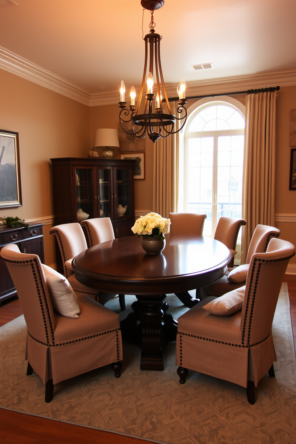 A cozy dining room featuring a large wooden table surrounded by plush upholstered chairs. The space is illuminated by a statement chandelier hanging above the table, with warm tones enhancing the inviting atmosphere. Soft, comfortable cushions are placed on each chair, adding extra seating comfort and a touch of style. The walls are adorned with tasteful artwork, and a large window allows natural light to flood the room, creating a bright and cheerful dining experience.