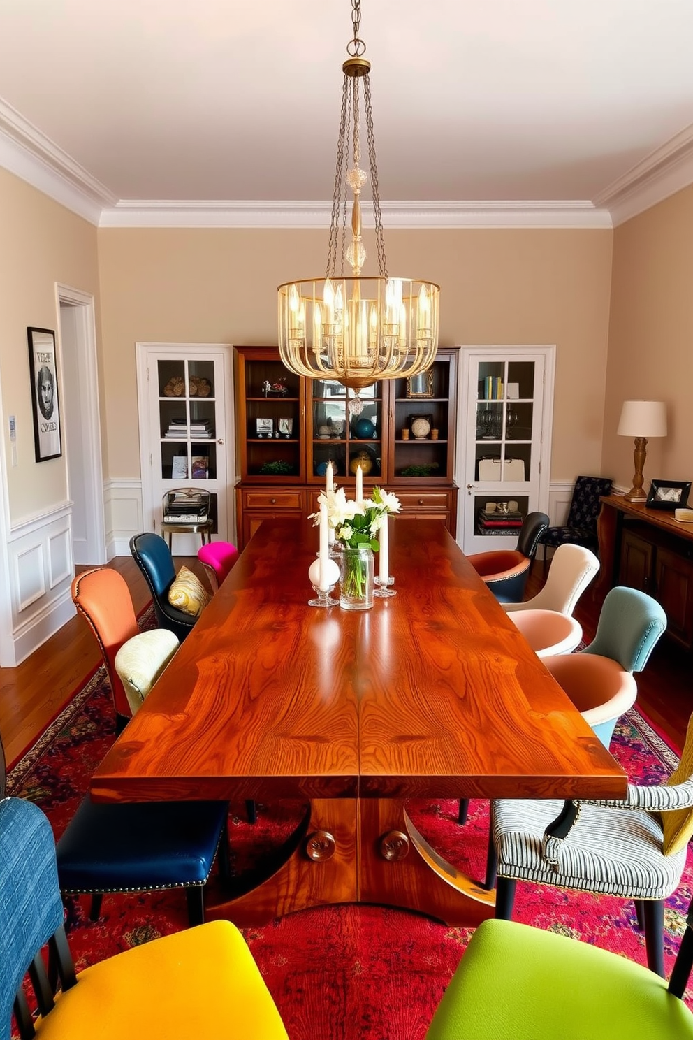 A stylish dining room featuring a large wooden table with a beautiful finish. Surround the table with an eclectic mix of dining chairs in various colors and textures, creating a vibrant and inviting atmosphere. The walls are painted in a soft neutral tone, enhancing the warmth of the wood. A statement chandelier hangs above the table, casting a warm glow over the space and highlighting the unique chair designs.