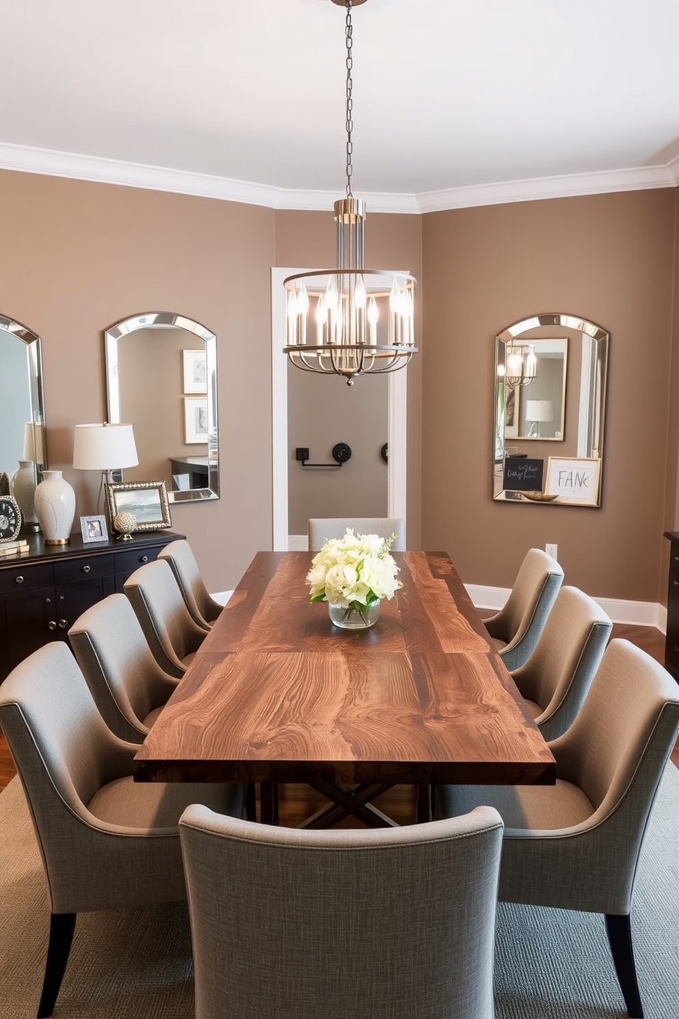 A stylish dining room featuring a large rectangular table made of reclaimed wood, surrounded by upholstered chairs in a soft gray fabric. A statement chandelier hangs above the table, reflecting light beautifully in the wall-mounted mirrors that flank the room. The walls are painted in a warm taupe color, enhancing the cozy atmosphere of the space. A sideboard in a dark finish sits against one wall, adorned with decorative items and a couple of framed photographs.