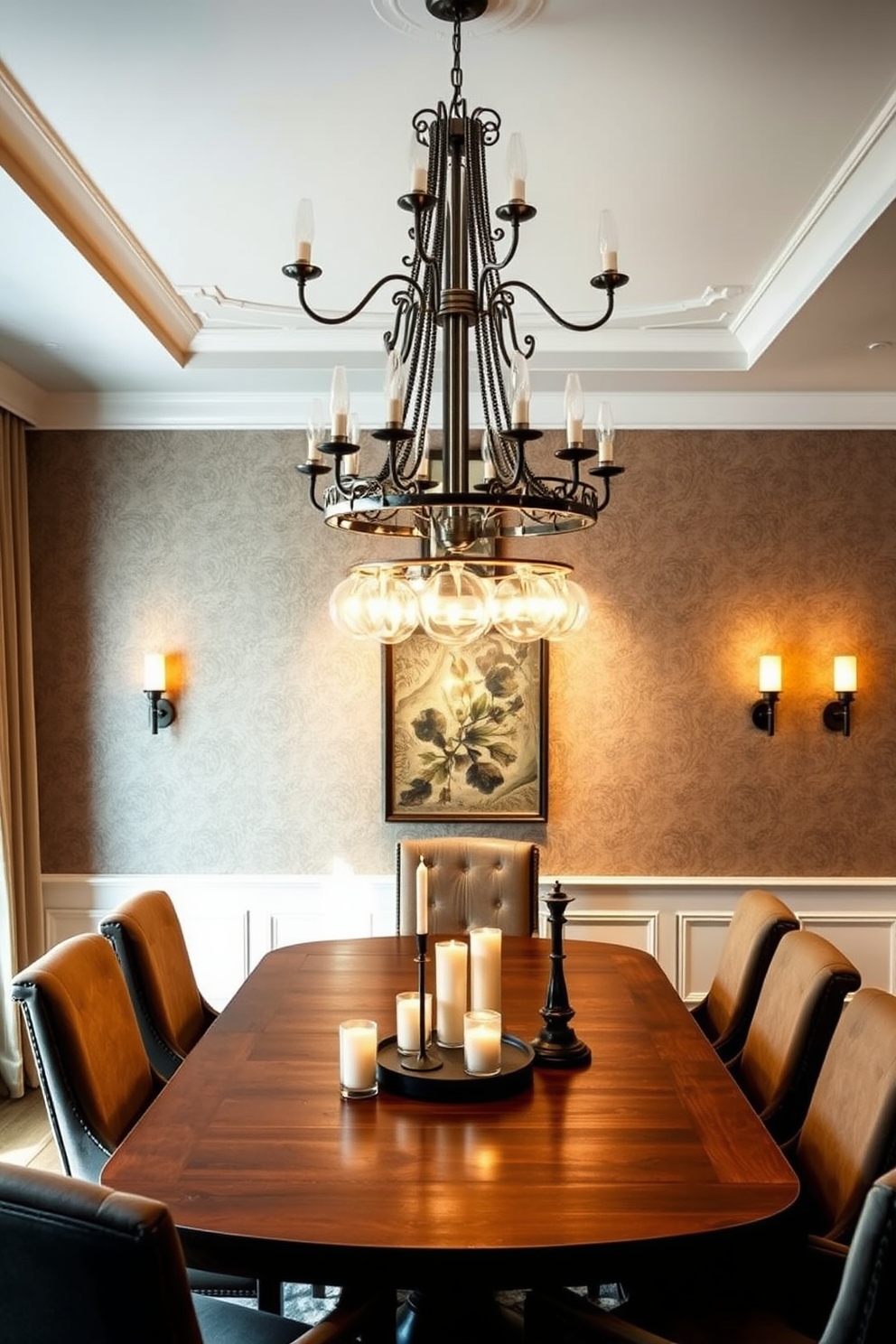 A dining room with layered lighting that creates a warm and inviting atmosphere. The space features a large wooden dining table surrounded by upholstered chairs, illuminated by a stunning chandelier above. Soft wall sconces provide additional lighting, casting a gentle glow on the textured wallpaper. A combination of pendant lights and candles on the table enhances the overall elegance and style of the room.