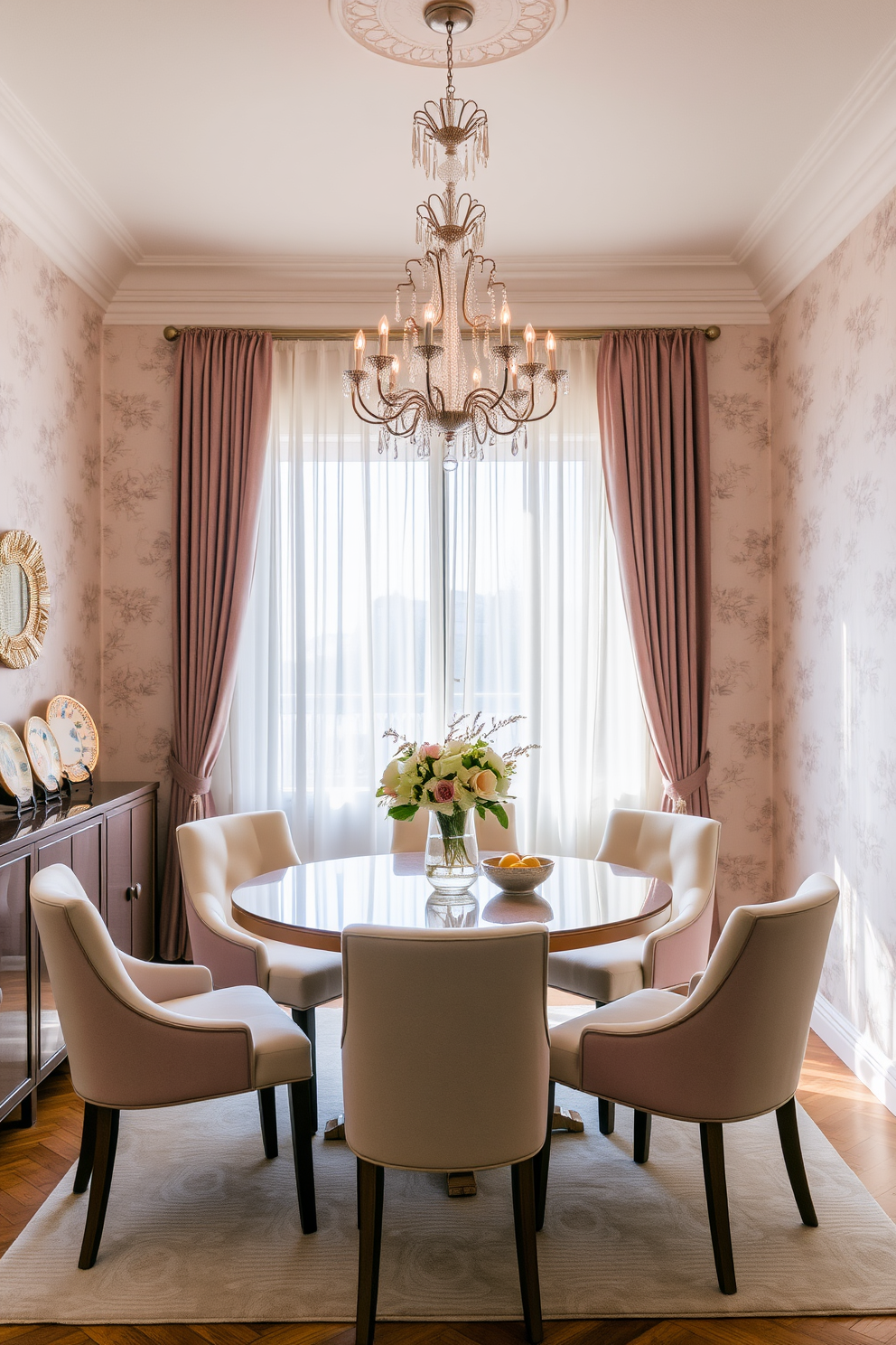 A round table is set at the center of a cozy dining room, surrounded by plush upholstered chairs in soft pastel colors. The walls are adorned with subtle floral wallpaper, and a statement chandelier hangs above, casting a warm glow over the scene. A large window lets in natural light, framed by elegant sheer curtains that flutter gently. A stylish sideboard against one wall displays decorative plates and a vase of fresh flowers, adding a touch of charm to the space.