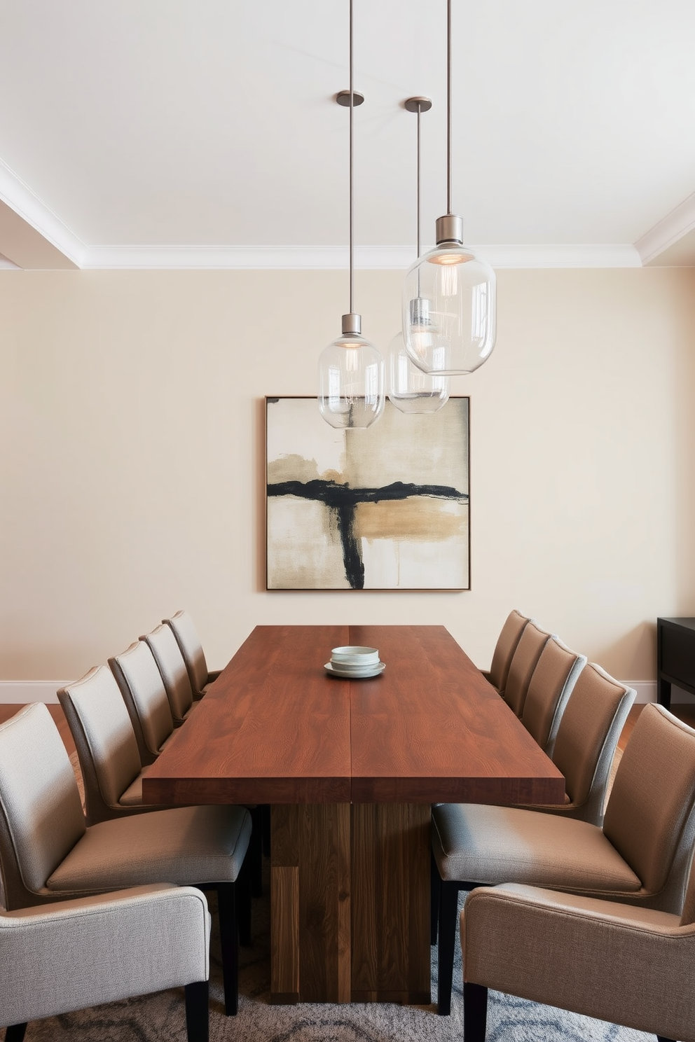 A sleek dining room setting featuring elegant glass pendant lights hanging above a long wooden dining table. The table is surrounded by upholstered chairs in a neutral fabric, creating a warm and inviting atmosphere. The walls are painted in a soft beige tone, complementing the rich wood tones of the table. A large abstract artwork adorns the wall, adding a modern touch to the space.