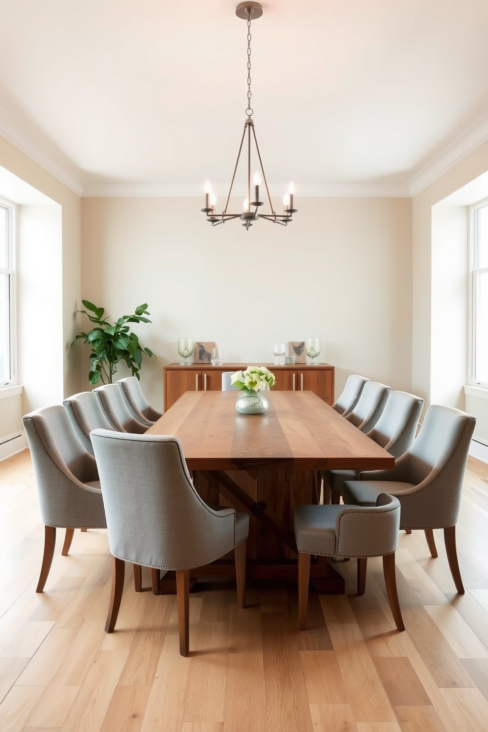 A serene dining room featuring a neutral color palette that promotes a calming atmosphere. The walls are painted in a soft beige, and the flooring is a light oak wood, creating a warm and inviting base. In the center, a large rectangular dining table made of reclaimed wood is surrounded by upholstered chairs in a light gray fabric. Above the table, a modern chandelier with soft lighting adds an elegant touch, enhancing the overall ambiance.