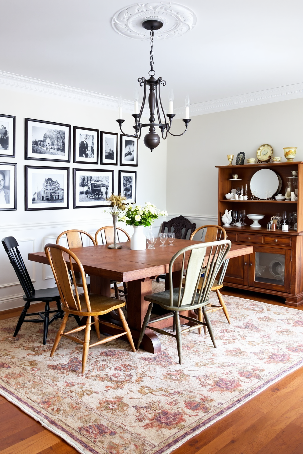 A charming dining room featuring a large rustic wooden table surrounded by mismatched vintage chairs. The walls are adorned with framed black and white photographs, and an antique chandelier hangs elegantly above the table. A sideboard made of reclaimed wood showcases an array of decorative china and vintage glassware. The floor is covered with a faded Persian rug, adding warmth and character to the space.