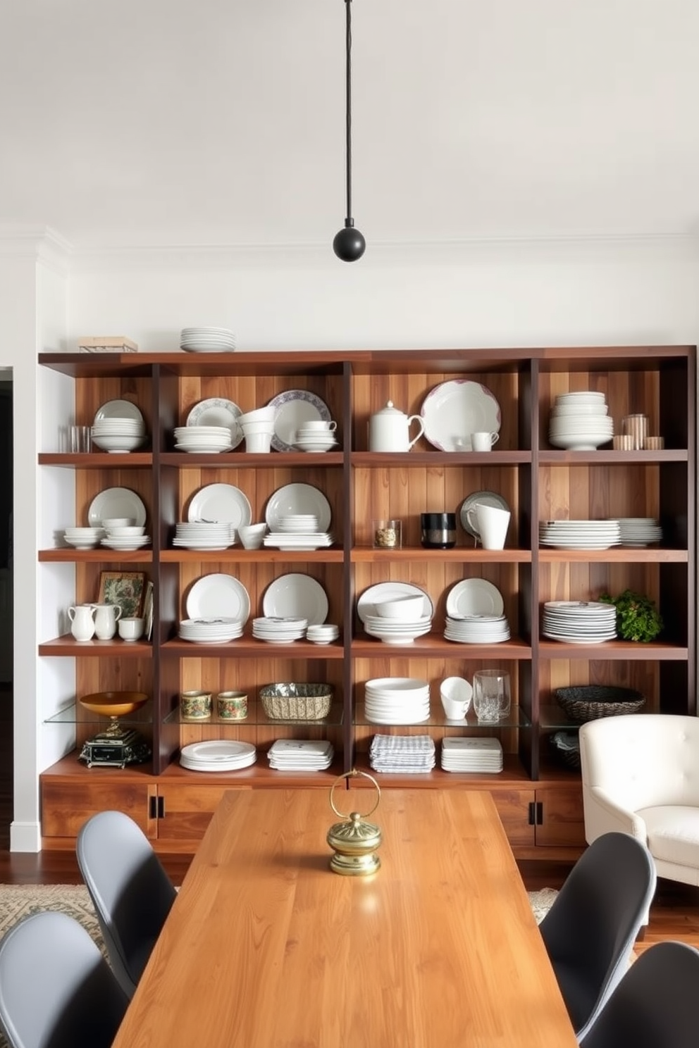 A stylish dining room featuring open shelving to display an elegant collection of dinnerware. The shelves are made of reclaimed wood, providing a warm contrast to the white walls and a sleek dining table set with modern chairs.