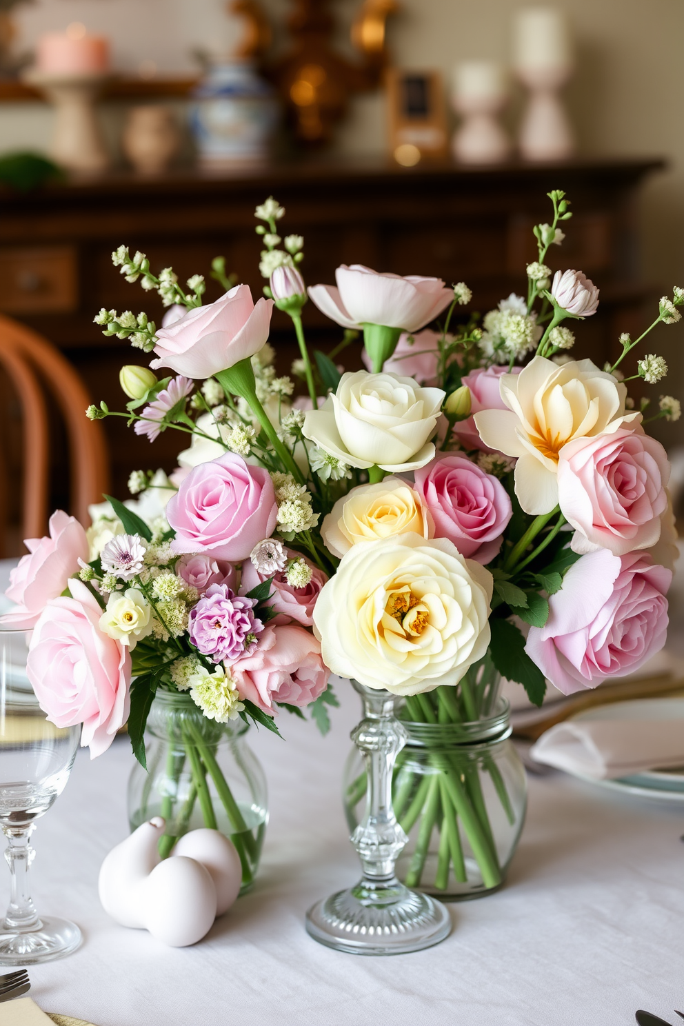 Elegant floral centerpieces featuring soft pastel colors adorn the dining table. Fresh blooms in shades of pink, lavender, and mint are arranged in vintage glass vases, creating a serene and inviting atmosphere for Easter celebrations.