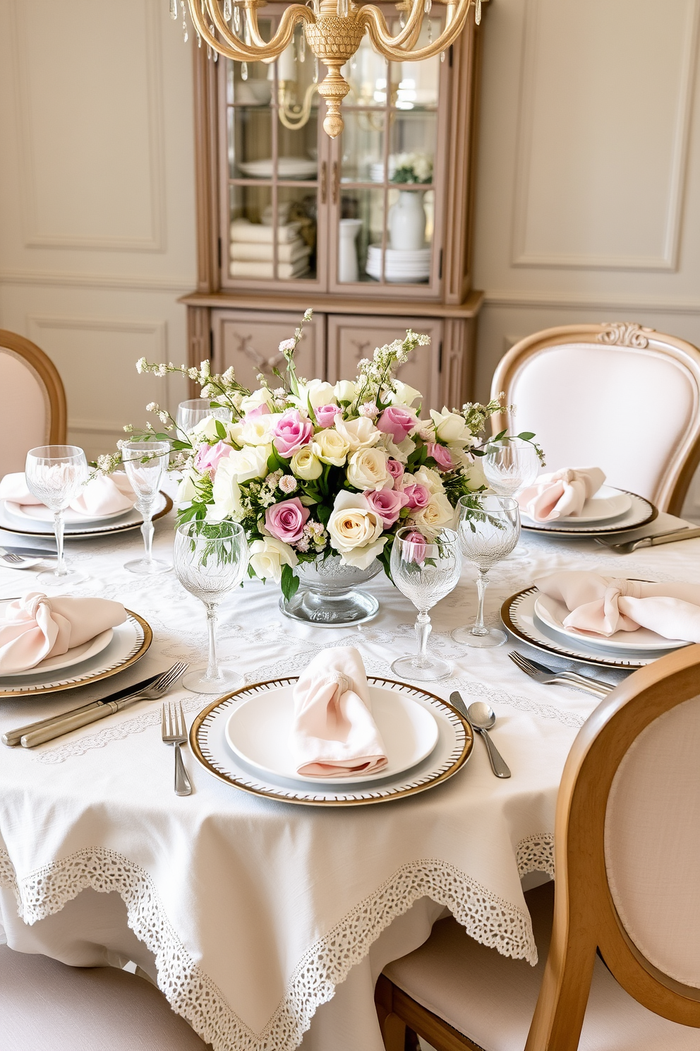 A beautifully set dining table adorned with layered linens in soft spring shades. The table features a delicate floral centerpiece surrounded by elegant dinnerware and pastel-hued napkins.