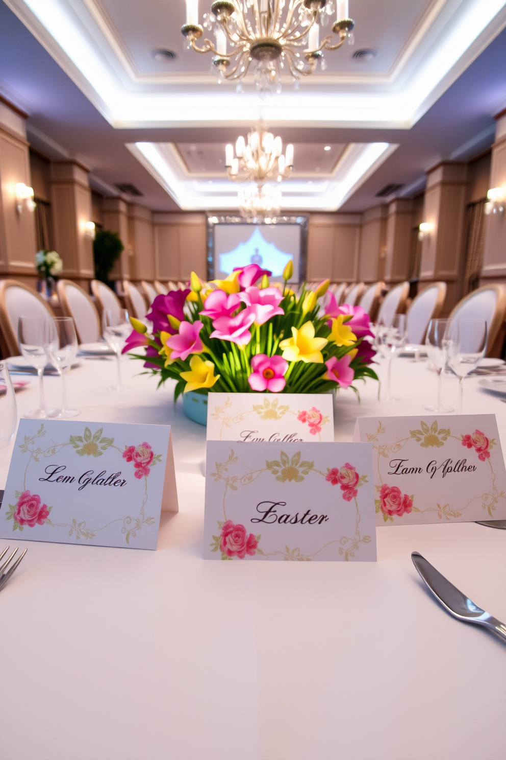 Easter-themed place cards are elegantly designed with pastel colors and floral patterns. Each card features the guest's name written in beautiful calligraphy, adding a personal touch to the dining experience. The dining room is adorned with a festive table setting that includes a crisp white tablecloth and vibrant spring flowers in the center. Soft, ambient lighting enhances the cheerful atmosphere, creating a warm and inviting space for the Easter celebration.