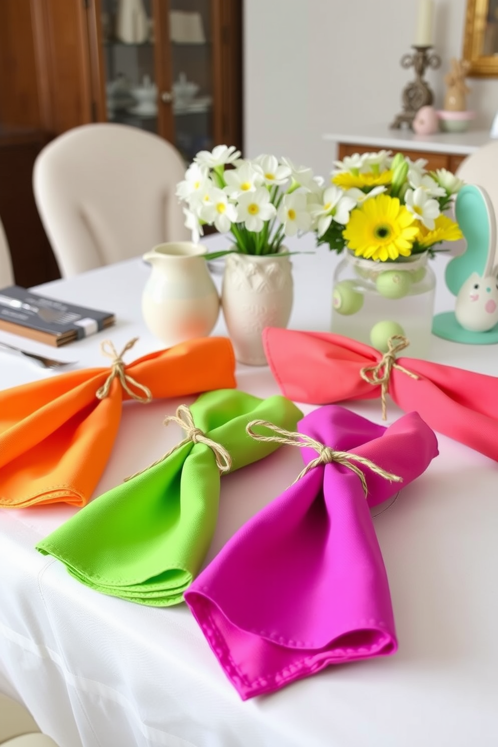 Brightly colored napkins tied with twine are elegantly arranged on a beautifully set dining table. The table features a white tablecloth, fresh flowers in a pastel vase, and decorative Easter-themed accents that create a festive atmosphere.