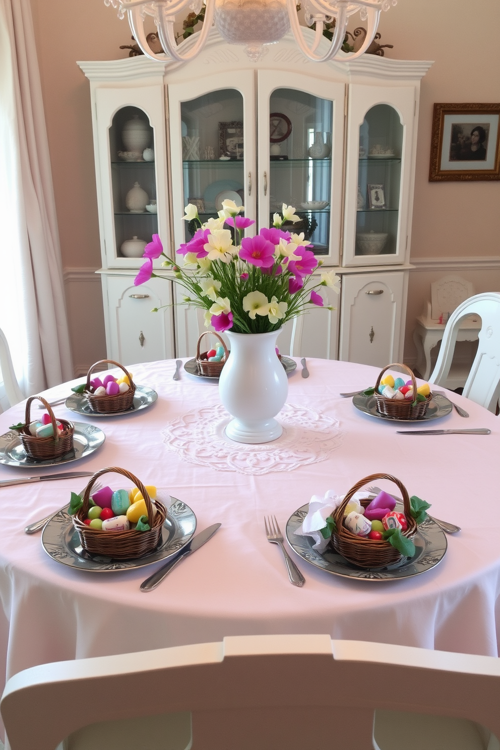 A charming dining room setting for Easter features a beautifully set table adorned with a pastel-colored tablecloth. Miniature baskets filled with an assortment of treats are placed at each setting, adding a delightful touch to the festive decor. The centerpiece showcases a vibrant arrangement of spring flowers in a soft ceramic vase. Surrounding the table, elegant chairs create an inviting atmosphere for family and friends to gather and celebrate the holiday.