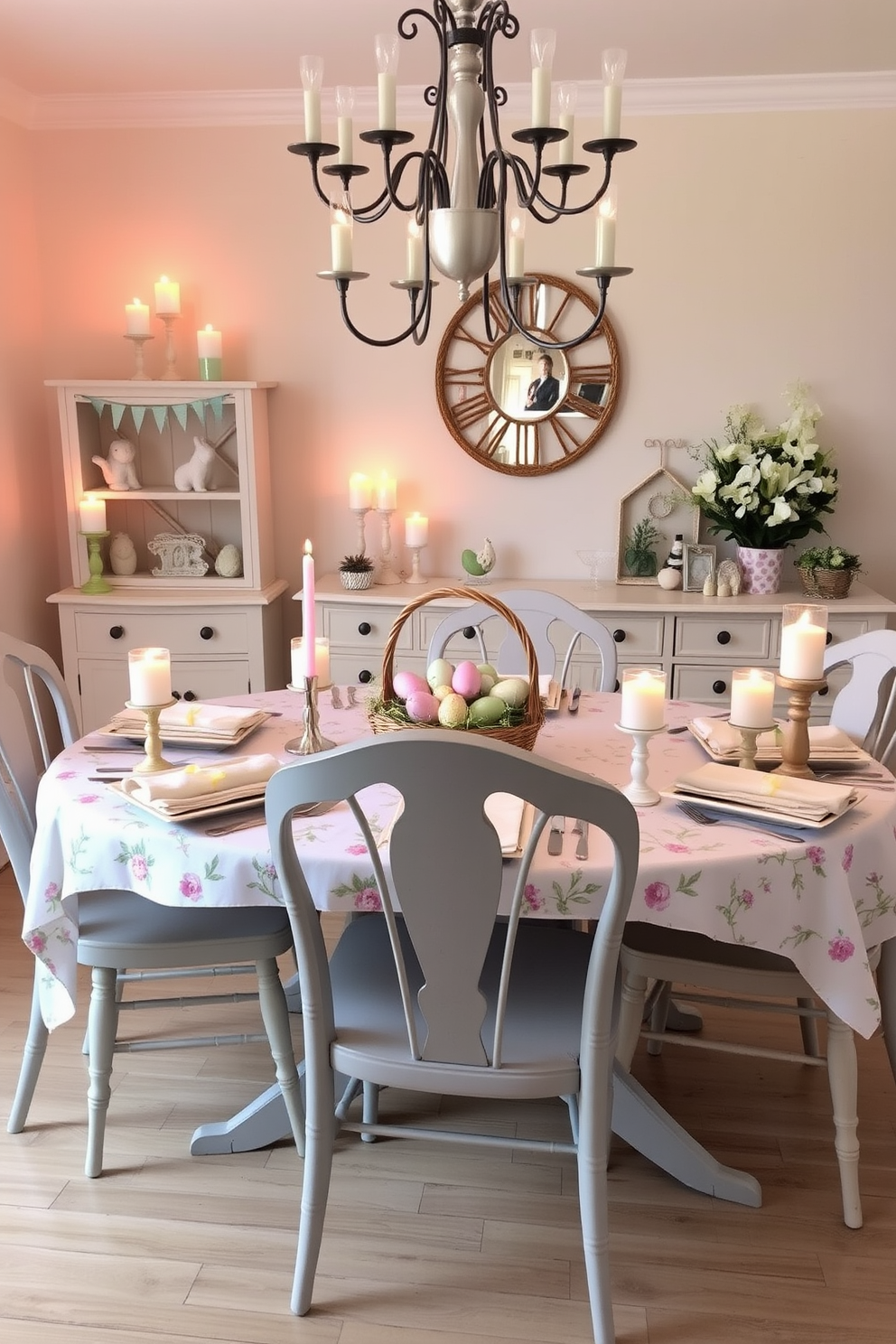 A cozy dining room setting adorned with candles in pastel holders that create a warm and inviting ambiance. The table is elegantly set with a spring-themed tablecloth, featuring floral patterns, and surrounded by mismatched chairs for a charming touch. Easter decorations are tastefully arranged throughout the room, including a centerpiece of colorful eggs nestled in a basket. Soft pastel hues dominate the decor, enhancing the festive spirit while maintaining a sophisticated atmosphere.