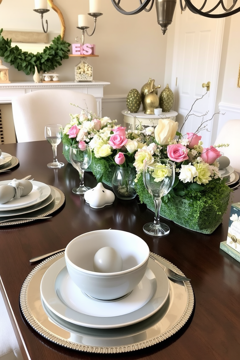 A chic dining room setting features elegant metallic chargers placed under beautifully arranged dinner plates. The table is adorned with pastel-colored Easter decorations, including delicate floral centerpieces and themed accents, creating a festive atmosphere.