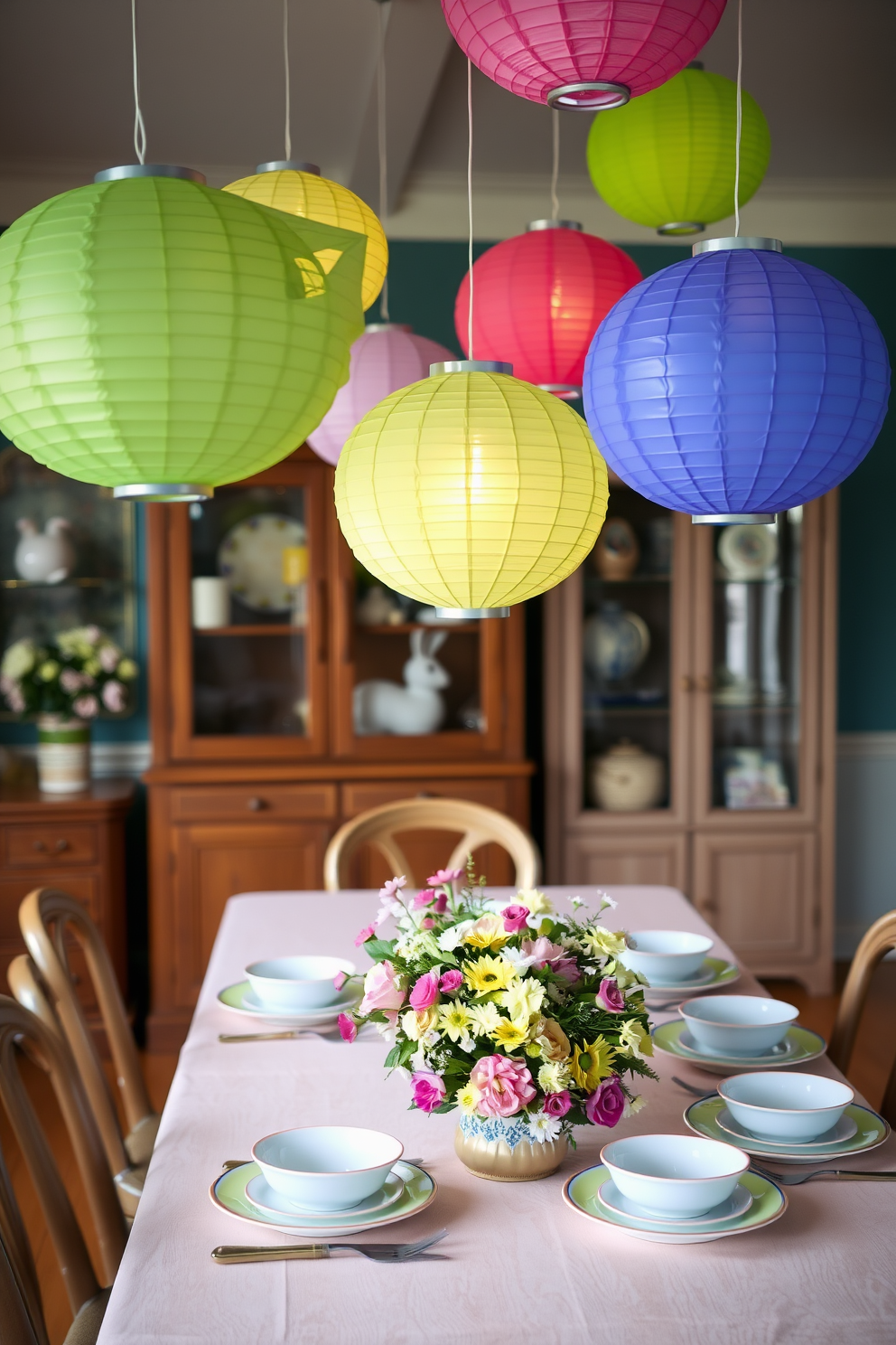 A dining room adorned with hanging paper lanterns in vibrant colors creates a festive atmosphere. The table is set with pastel-colored dishes and a centerpiece of fresh flowers, enhancing the cheerful Easter theme.