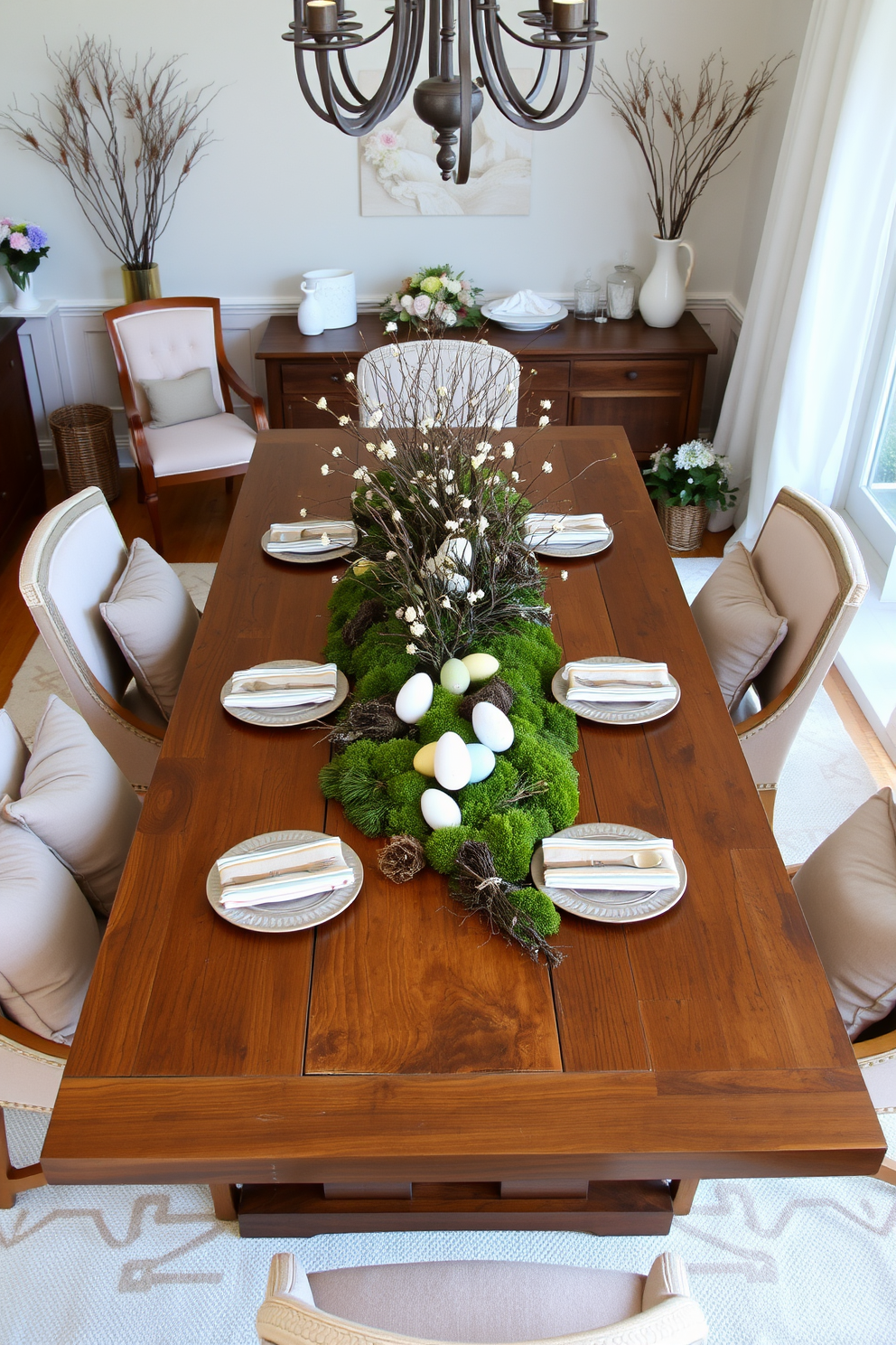 A serene dining room setting filled with natural elements. A large wooden table is adorned with a table runner made of moss and twigs, creating an organic centerpiece for the Easter celebration. Surrounding the table are elegant chairs with soft cushions in earthy tones. Soft pastel decorations, including eggs and floral arrangements, are thoughtfully placed around the room to enhance the festive atmosphere.