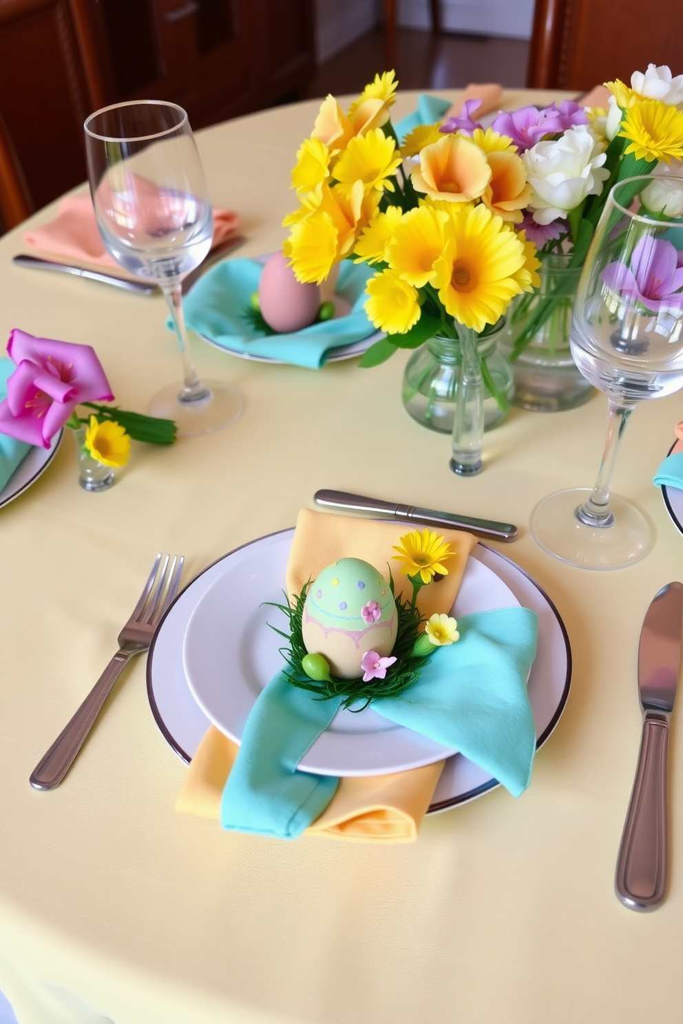 Decorative egg place settings are arranged on a beautifully set dining table for an Easter celebration. Each plate features a colorful egg at the center, surrounded by fresh flowers and pastel-colored napkins. The table is adorned with a soft linen tablecloth in light yellow, enhancing the festive atmosphere. Elegant glassware and silver cutlery complement the vibrant decor, creating a cheerful dining experience.