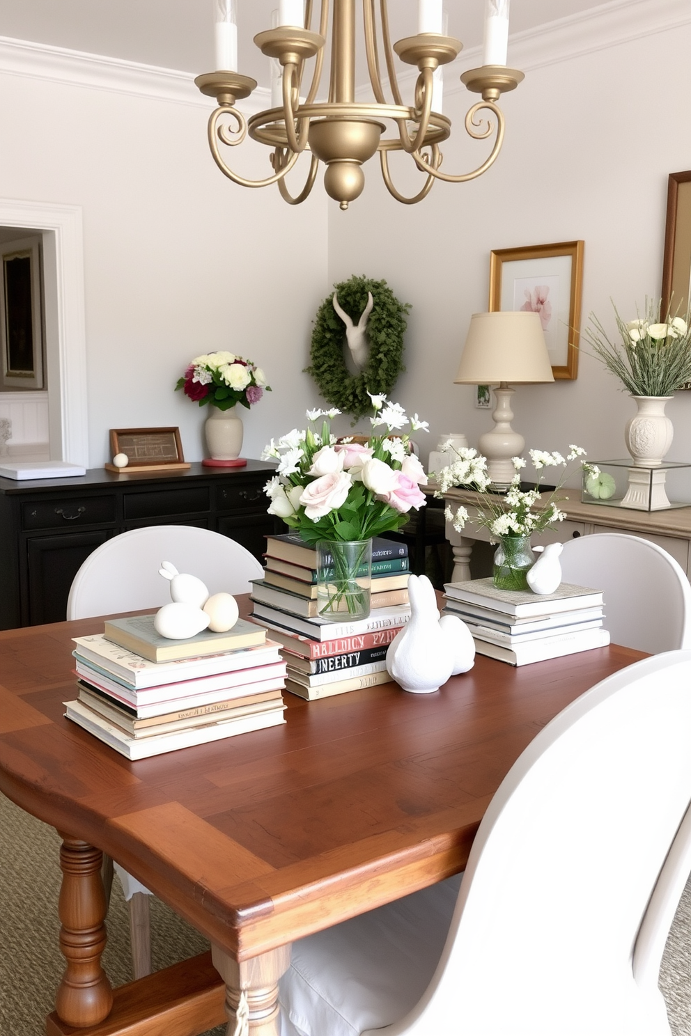 A charming dining room adorned with vintage books stacked as decorative accents on a rustic wooden table. Soft pastel colors dominate the space, complemented by floral arrangements and delicate Easter-themed decorations.