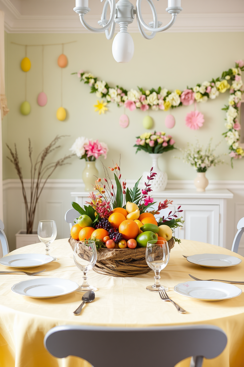 A vibrant dining room decorated for Easter features a beautifully arranged fruit centerpiece on the table. The arrangement includes colorful fruits like oranges, apples, and berries, artfully displayed in a rustic wooden bowl. The walls are adorned with pastel-colored decorations, including hanging paper eggs and floral garlands. A soft tablecloth in light yellow complements the cheerful atmosphere, while elegant place settings add a touch of sophistication.