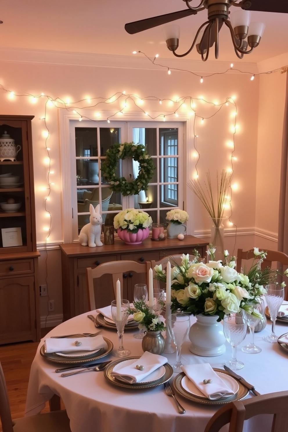 A cozy dining room adorned with soft lighting created by delicate string lights draped above a beautifully set table. The table is elegantly decorated with pastel-colored Easter accents, including floral centerpieces and themed tableware.