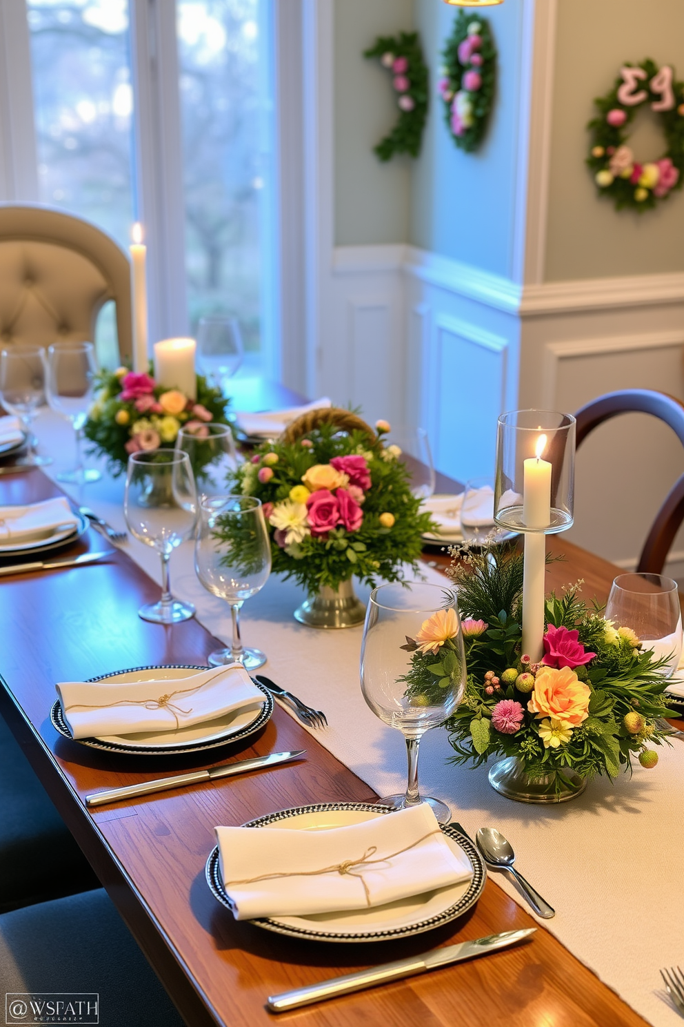 A beautifully set dining table adorned with seasonal wreaths as centerpieces. The wreaths are made of fresh flowers and greenery, adding a vibrant touch to the elegant table setting for Easter celebrations.