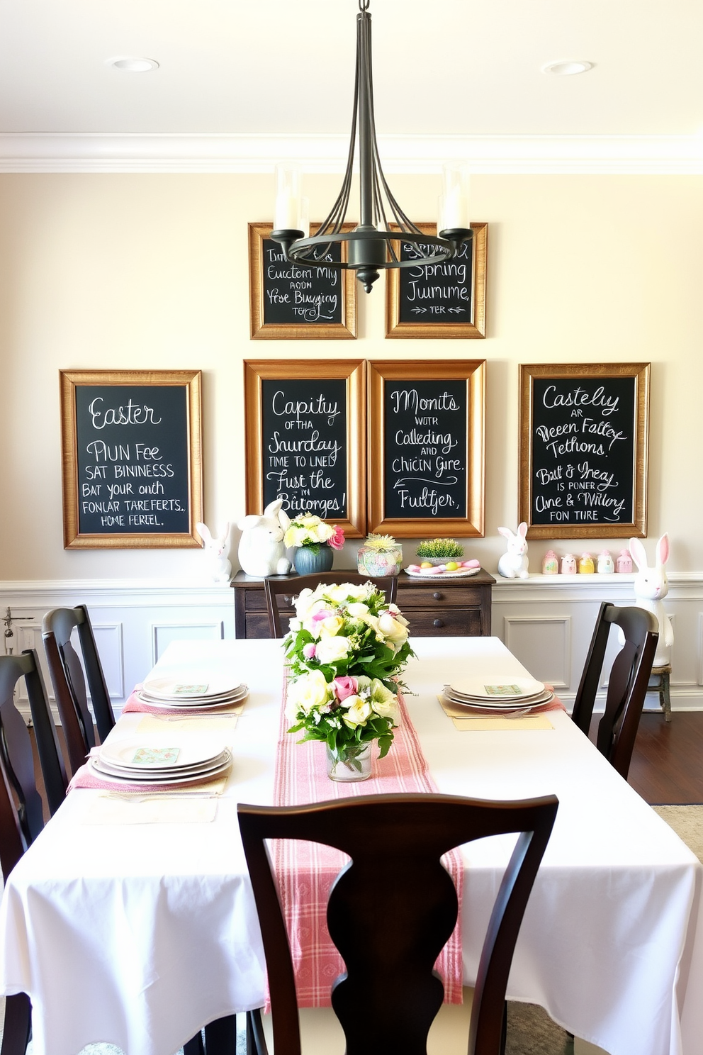 Chalkboard signs for personalized messages in a dining room setting. The signs are elegantly framed in rustic wood and arranged on the wall above a long dining table adorned with spring-themed decorations. Easter decorating ideas include pastel-colored table linens and floral centerpieces. The dining room features a welcoming atmosphere with soft lighting and playful bunny-themed accents throughout the space.