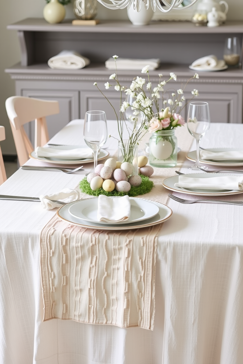 A beautifully set dining table adorned with a textured linen tablecloth in soft pastel hues. A complementary runner adds depth, while delicate Easter-themed decorations, such as painted eggs and floral centerpieces, bring a festive touch.