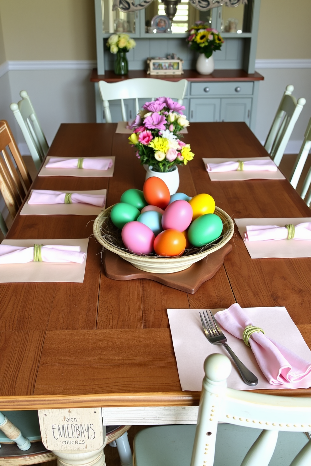 Brightly painted wooden eggs are arranged in a decorative bowl at the center of a rustic wooden dining table. Surrounding the table, mismatched chairs add a charming touch, while pastel-colored napkins and floral centerpieces complete the festive Easter theme.