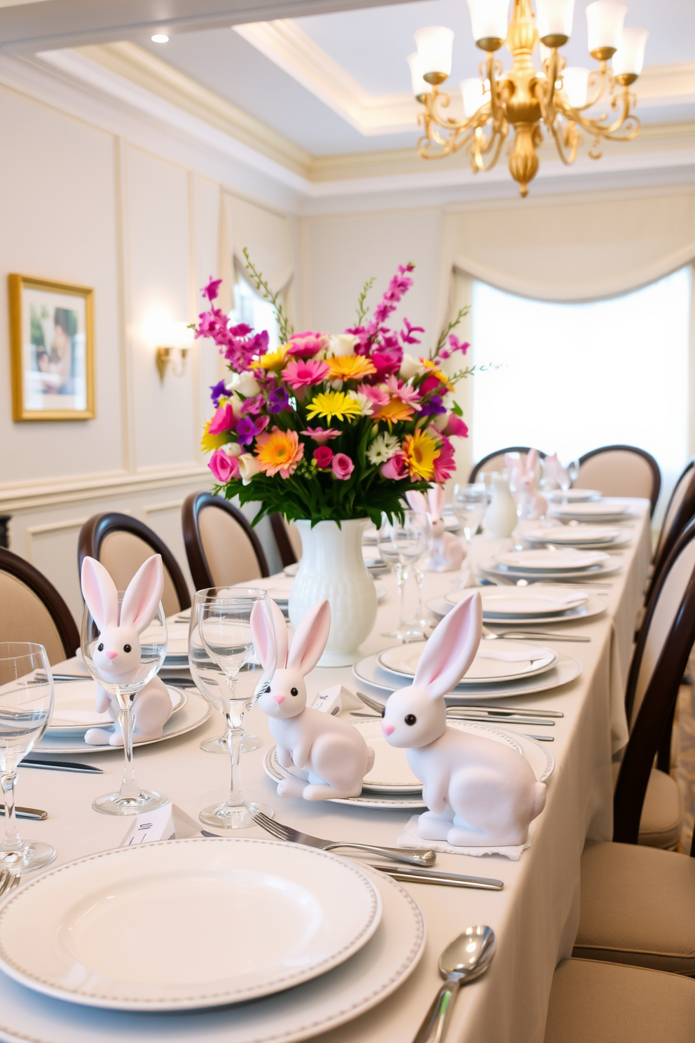 A whimsical dining room setting features bunny-shaped napkin holders placed on each elegantly set table. The table is adorned with pastel-colored tableware and a vibrant floral centerpiece that captures the essence of Easter celebrations.