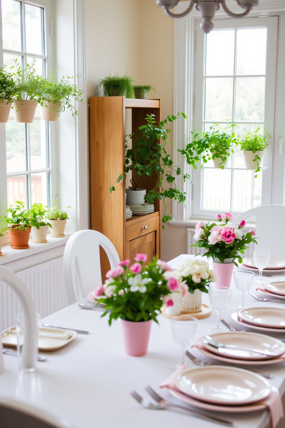 A bright and inviting dining room adorned with fresh herbs in pots placed on the windowsill. The table is elegantly set with pastel-colored dishes and floral centerpieces, creating a cheerful atmosphere for Easter celebrations.