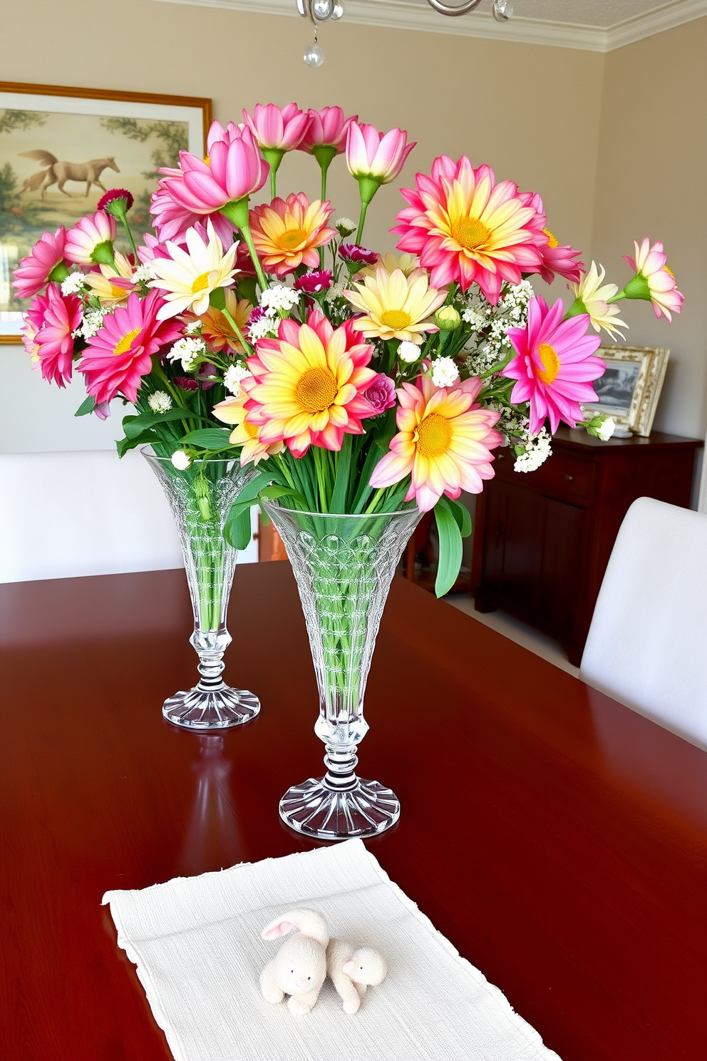 Elegant crystal vases filled with vibrant blooming flowers sit atop a polished wooden dining table. Surrounding the table are upholstered chairs with soft pastel cushions, creating a warm and inviting atmosphere for Easter celebrations.