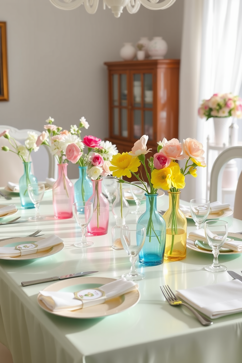 A cheerful dining room setting adorned with pastel-colored glassware. The table is elegantly set with a variety of glass vases in soft pink, blue, and yellow, each holding fresh spring flowers. Delicate pastel plates and napkins complement the glassware, creating a harmonious look. Soft natural light filters through sheer curtains, enhancing the vibrant colors and festive atmosphere.