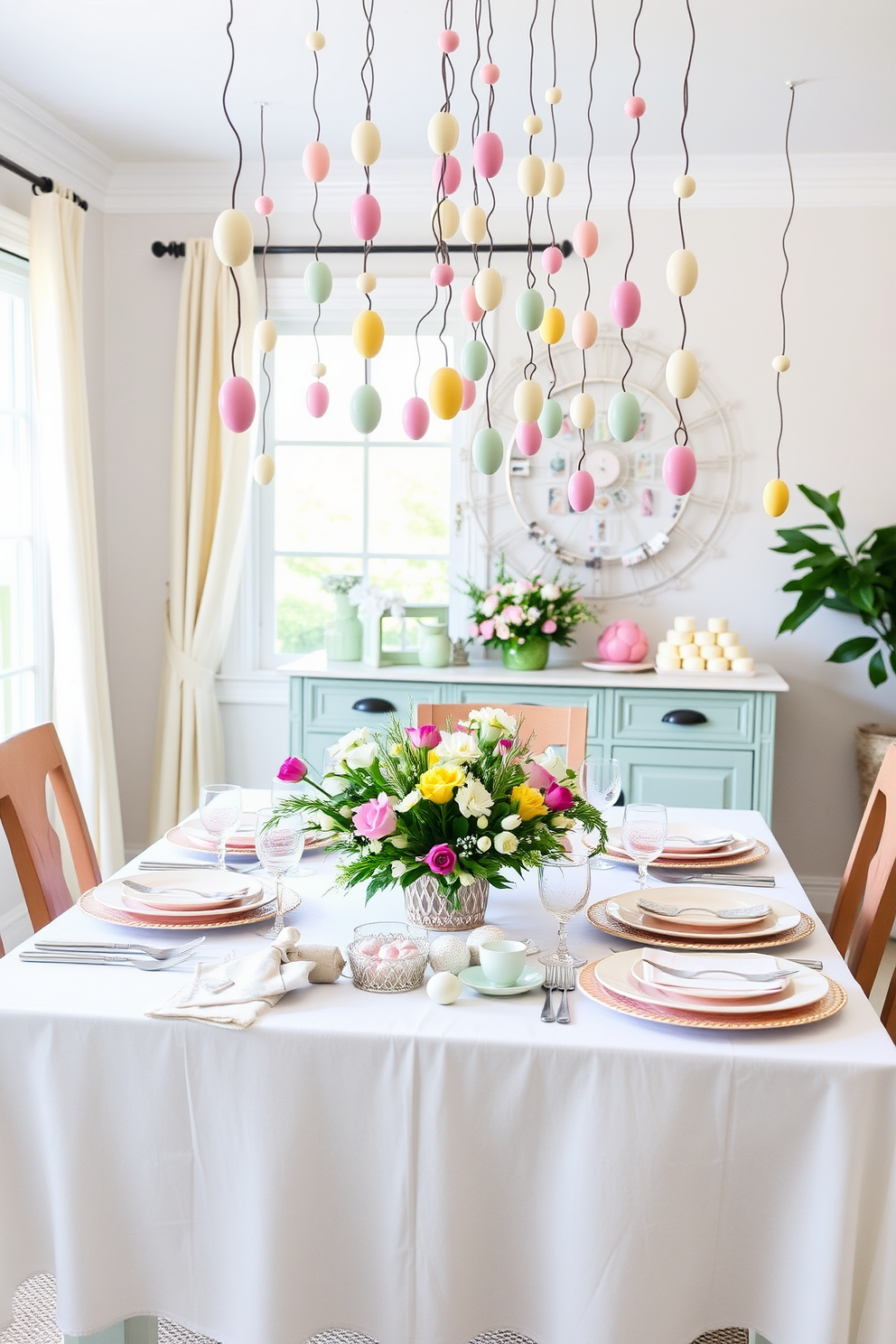 Charming egg garlands hang gracefully above a beautifully set dining table. The table is adorned with pastel-colored tableware and a centerpiece of fresh spring flowers, creating a festive and inviting atmosphere for Easter celebrations.