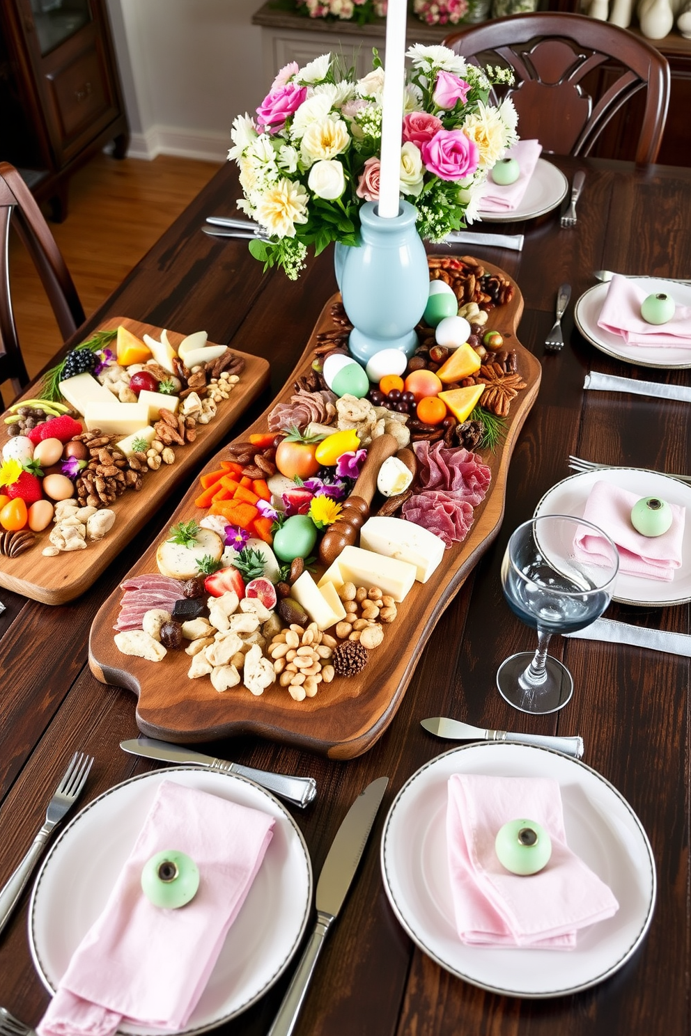 Artfully arranged charcuterie boards displayed on a rustic wooden dining table. The boards feature an assortment of cheeses, cured meats, fresh fruits, and nuts, elegantly garnished with herbs and edible flowers. Easter decorating ideas bring vibrant colors and playful elements to the dining room. The table is adorned with pastel-colored tableware, decorative eggs, and floral centerpieces, creating a festive and inviting atmosphere.