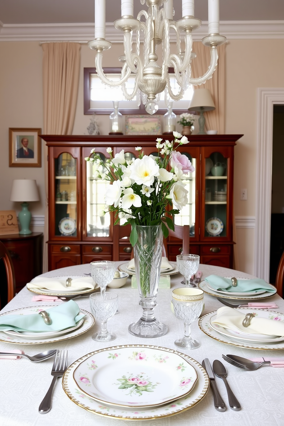 A charming dining room setting adorned with vintage china featuring delicate spring floral patterns. The table is elegantly set with the china, complemented by pastel-colored napkins and fresh flowers in a crystal vase.