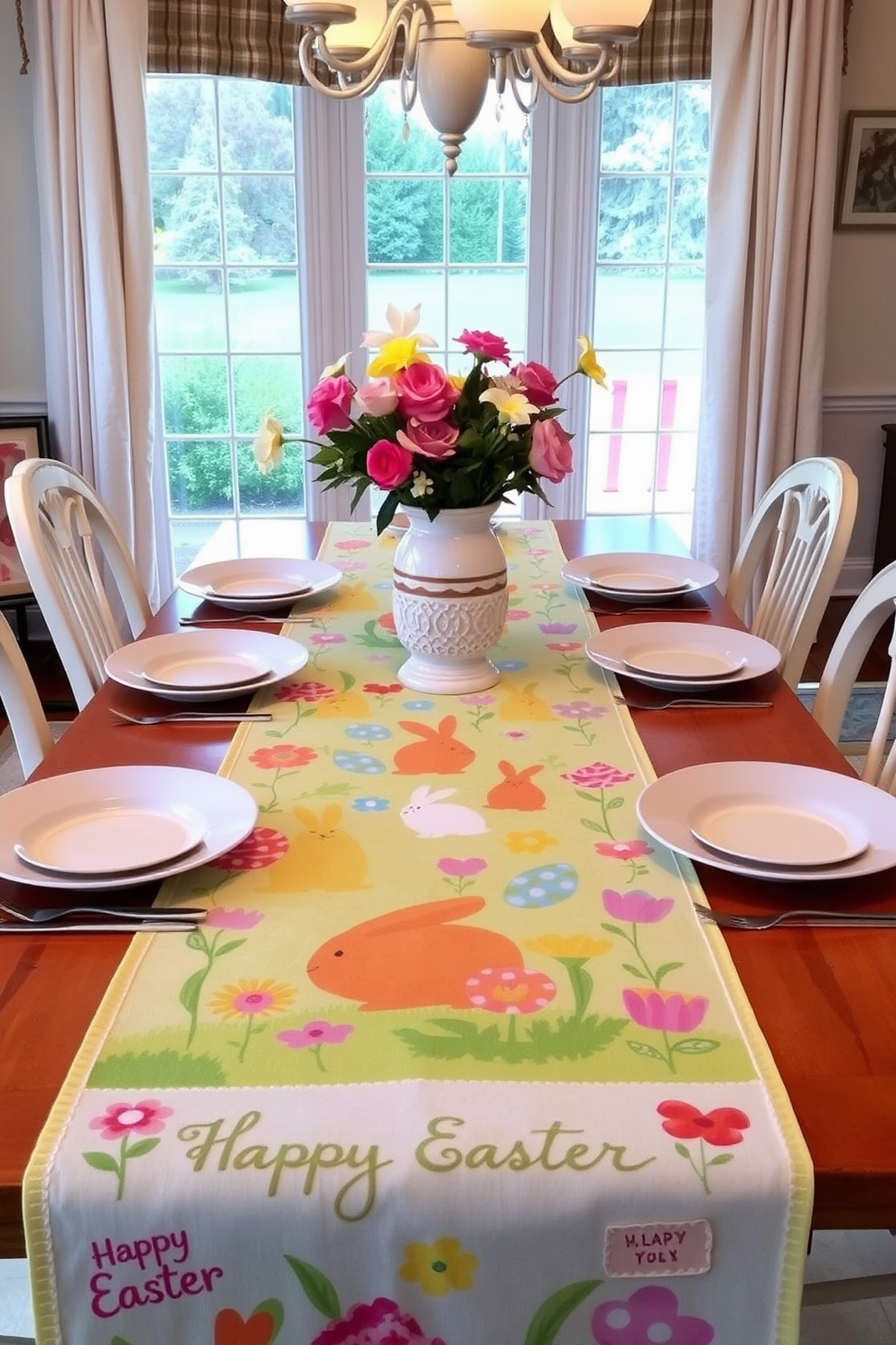 A vibrant dining room setting featuring a colorful table runner adorned with cheerful Easter motifs. The table is set with pastel-colored dishes and fresh flowers in a decorative vase, creating a festive atmosphere for the celebration.