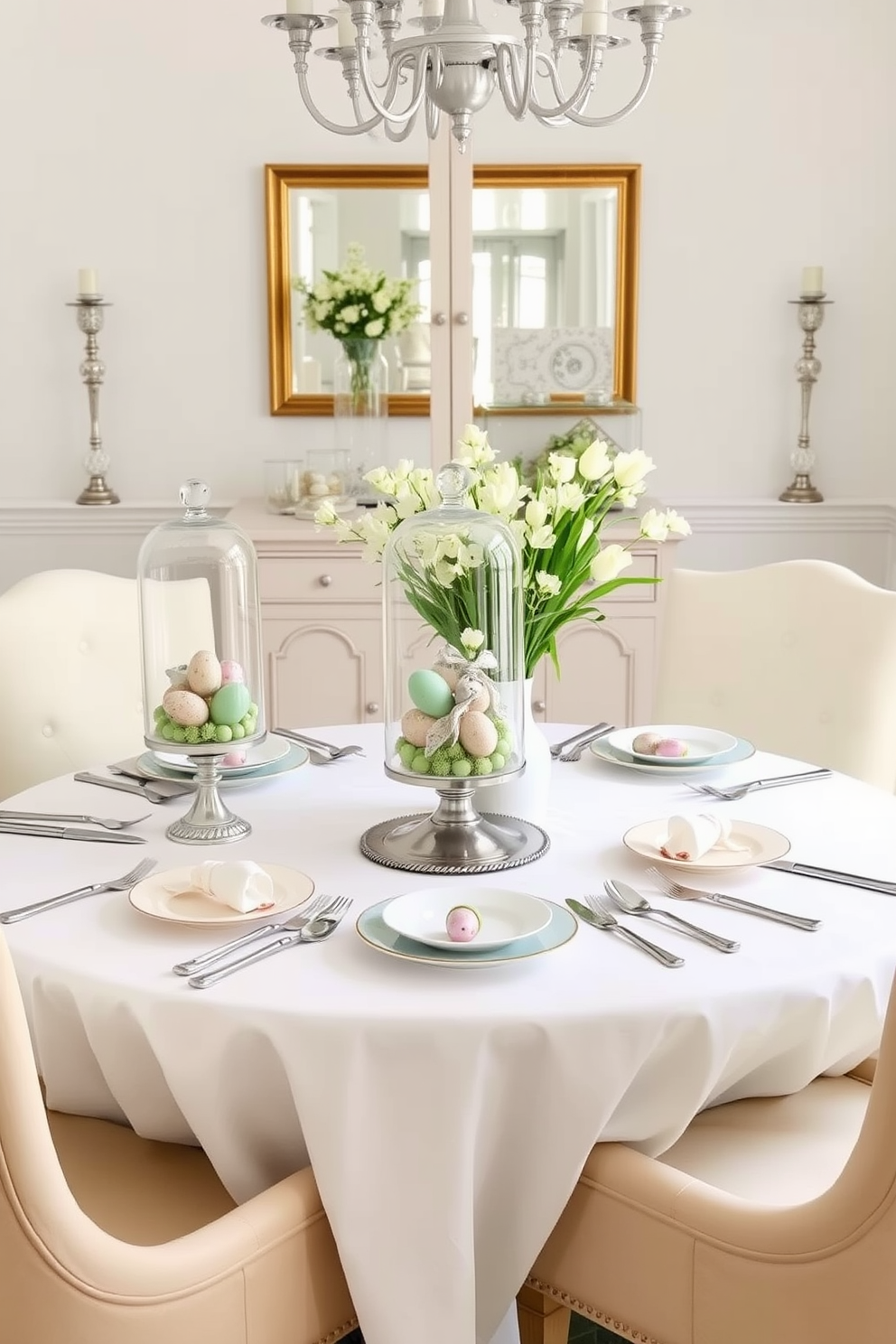 A charming dining room setting for Easter celebrations. The table is elegantly set with a crisp white tablecloth and fine china, featuring glass cloches filled with beautifully decorated eggs at the center. Surrounding the table are upholstered chairs in soft pastel colors, enhancing the festive atmosphere. Fresh spring flowers in a vase complement the decor, adding a touch of nature to the space.