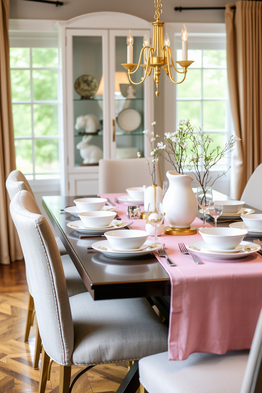 A beautifully set dining table featuring simple white dishes adorned with elegant gold accents. The table is surrounded by stylish chairs, and a soft pastel table runner complements the festive Easter decorations.