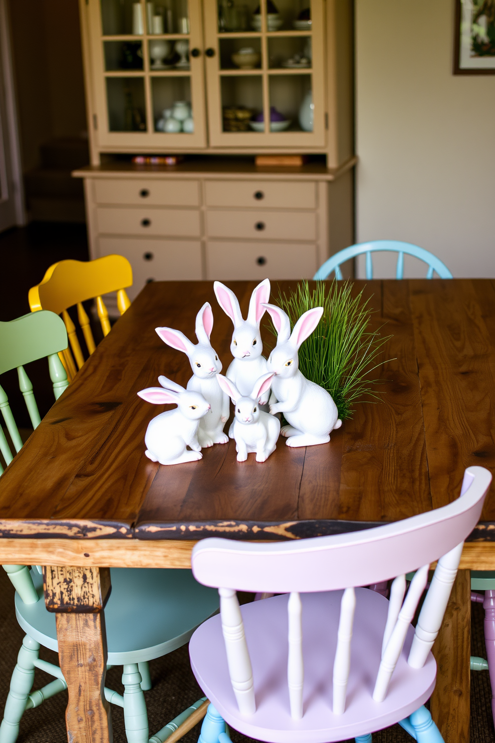 Whimsical bunny figurines are playfully arranged on a rustic wooden dining table. Surrounding the table are mismatched chairs in pastel colors, creating a cheerful and inviting atmosphere for Easter celebrations.